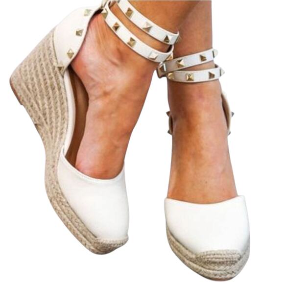 Maypol White Leather Wedge Espadrilles with Ankle Strap US 9/ EU 40 - Picture 1 of 9